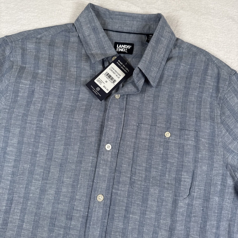 Lands' End Linen Blend Camp Shirt Men's M Blue Stripe Short Sleeve Button Up NWT